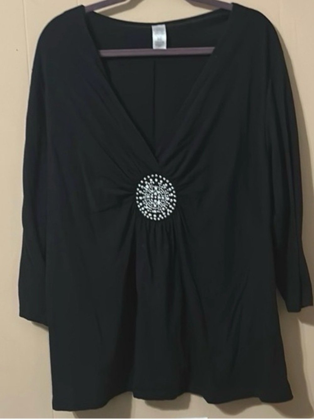 Embellished Cotton V-Neck Women's Top L Black Silver Medallion Minimalist Glam